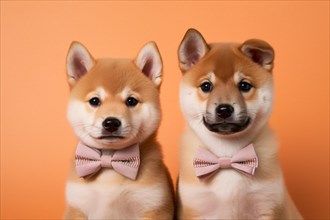 Pair of Shiba Inu dogs with bow ties on orange background. KI generiert, generiert AI generated