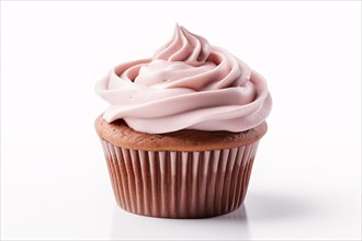 Single brown chocolate cupcake with pink frosting on white background. KI generiert, generiert AI