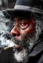 Symbolic image for the release of marijuana, an older black man with a grey beard and hat smokes a