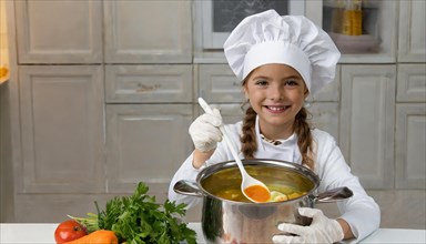 AI generated, human, humans, person, persons, child, children, 8 year old girl cooking a vegetable