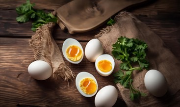Boiled eggs with herbs on a wooden table, AI generated