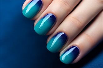 Close up of fingernails with ombre blue nail art design. KI generiert, generiert AI generated