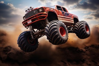Monster truck driving and jumping outdoors amidst a cloud of dust. Thrill and adrenaline of an