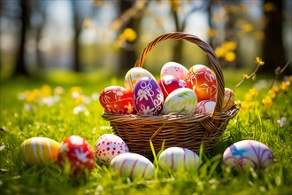 Painted Easter eggs nestled in a basket, surrounded by the lush greenery of spring and bathed in
