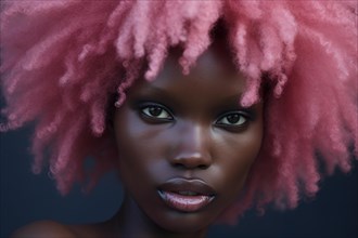 Face of afro american woman with dark skin and curly pastel pink dyed hair. KI generiert, generiert