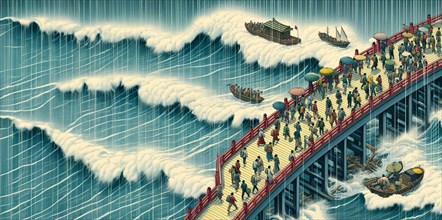 Stylized horizontal illustration of people commuting, crossing a bridge in a sudden rain as boats