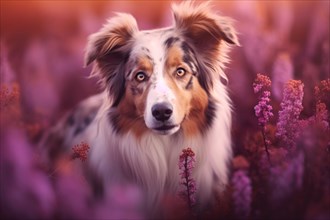 Australian Shepherd dog in field of purple heather flowers. KI generiert, generiert AI generated