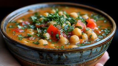A rustic bowl of Harira Moroccan soup with chickpea and tomato garnished with parsley on a dark