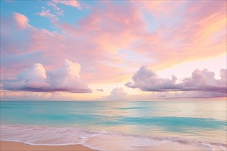 Beautiful pastel pink and blue sky with ocean and beach. KI generiert, generiert AI generated