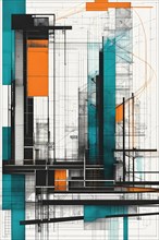 An abstract geometric design simulating architectural blueprints with teal and orange accents,