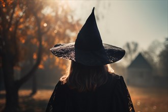 Back view of woman in Halloween witch costume with hat. KI generiert, generiert AI generated