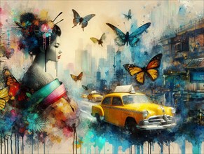 Artistic rendering of a woman's profile with butterflies against a backdrop with a yellow taxi,