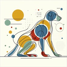 Stylized colorful geometric illustration of a dog with abstract shapes, continuous line art,