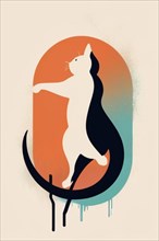 Stylized abstract art of a two-tone cat jumping in front of a rounded backdrop, minimalist vintage