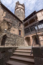 Keep, castle tower with Renaissance helmet, new bower, courtyard of the outer bailey, Ronneburg