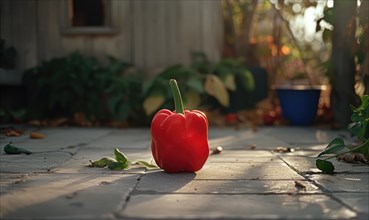 Red bell pepper on the ground in the garden at sunset. Selective focus AI generated