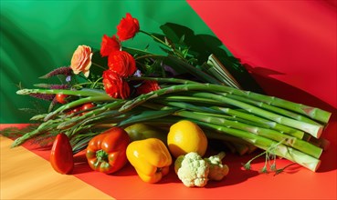 Composition with fresh vegetables and flowers on table against the background of the colored