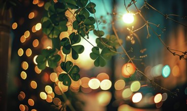 St. Patricks Day background with green clover leaves and bokeh. AI generated