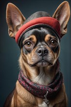 Chihuahua dog wearing a hat and scarf, exuding a serious yet stylish demeanor, over grey solid