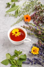 Cup of herbal tea with calendula, lavender, oregano, hyssop, mint and lemon balm on a gray concrete