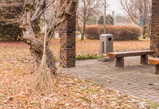 Old straw broom leaning against gnarly tree next to covered park benches in South Korea