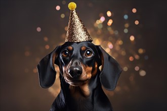 Dachshund dog with golden party hat. KI generiert, generiert AI generated