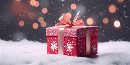 Banner with red Christmas gift with snowflakes on snow. KI generiert, generiert AI generated