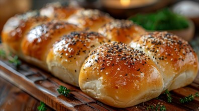 Golden brown baked Japanese bread rolls with sesame and poppy seeds on a wooden board, ai