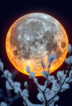 A full moon shining in the bright light rises behind the snow-covered branches of a tree, AI