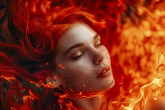 Peaceful image of a woman with closed eyes and fire effect, AI generated, AI generated