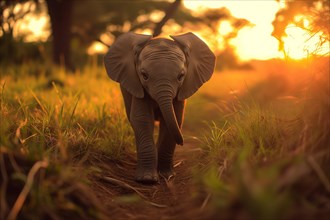 Baby elephant walking majestically against the backdrop of a golden sunset, AI generated