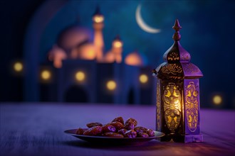 Ramadan lantern with a plate of succulent figs in violet purple tones with mosque and moon, set on