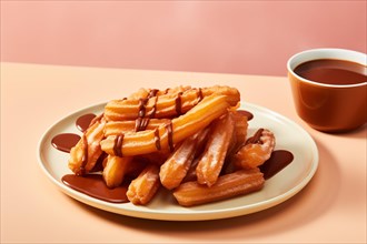 Fried Churros with choclate sauce on plate. KI generiert, generiert AI generated