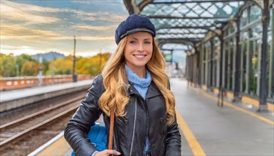 AI generated, A young blonde woman wants to travel and waits for the train at the station, 20, 25,