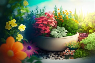 Colorful digital illustration of a lush garden with vibrant colored flowers, Spring garden