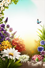 Bright and colorful garden with flowers and a visiting butterfly bathed in a sunbeam, Spring garden