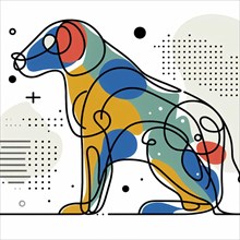 Abstract geometric design of a dog with colorful shapes and patterns, continuous line art, creature