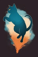 Majestic cat illuminated with a glowing outline against a cool-tone backdrop, minimalist vintage