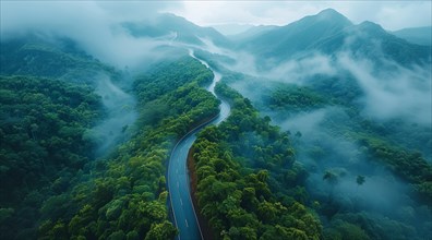 An aerial shot of a winding road through misty mountains covered in lush greenery, ai generated, AI