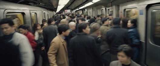Crowded subway station during rush hour, with a dynamic blur of movement, horizontal wide aspect