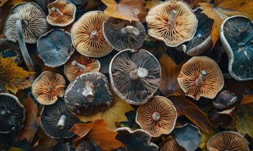 Mushrooms on the autumn leaves. Autumn background. Top view AI generated