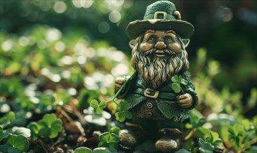 Saint Patrick's Day background with green clover and leprechaun. AI generated