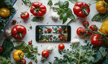 Smartphone with a photo of vegetables on a white background, top view. AI generated