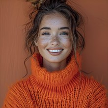 Portrait of a happy woman standing in front of a colored background with a trendy sweater smiling,