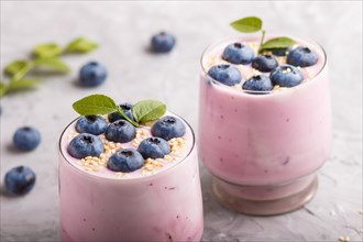 Yoghurt with blueberry and sesame in a glass and wooden spoon on gray concrete background. side