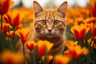 Ginger coloured cat between orange and yellow tulip spring flowers. KI generiert, generiert AI