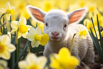 Young Easter lamb between yellow Daffodil spring flowers. KI generiert, generiert AI generated