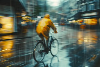 Cyclist in yellow mackintosh racing through wet urban streets in heavy rain, AI generated, AI