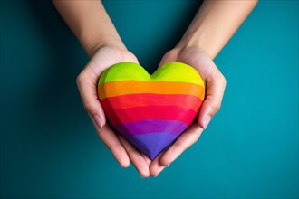 Top view of hands holding rainbow colored heart in front of blue background. KI generiert,