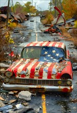 Symbolic image for the decline of some areas of the USA, an old car with the colours of the
